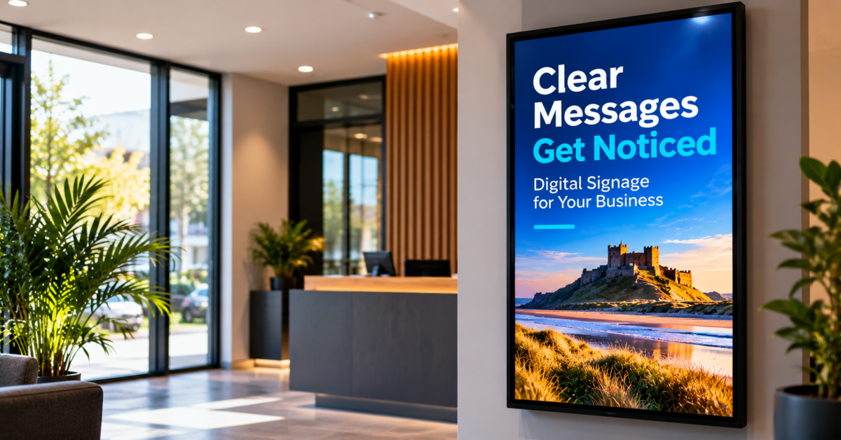 Portrait digital signage screen with large readable text in a modern reception area
