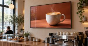 Commercial digital display above a cafe counter showing a coffee promotion with rising steam.