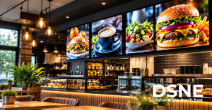Digital signage display showing business information and promotional content