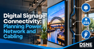 Commercial digital signage display and network connection planning illustration