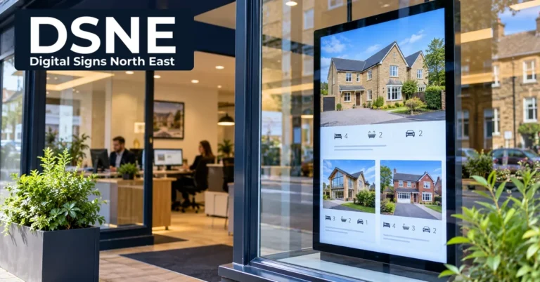 Estate agency shopfront with a portrait digital window display showing house listings and the official Digital Signs North East logo