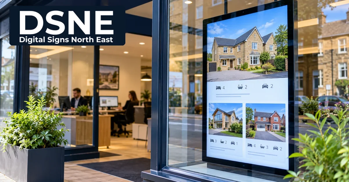 Estate agency shopfront with a portrait digital window display showing house listings and the official Digital Signs North East logo