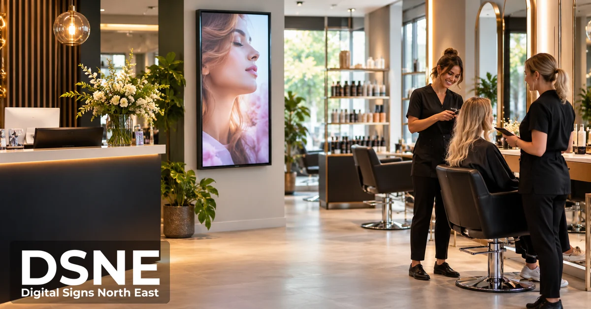 Digital signage showing a beauty portrait inside a modern hair salon with stylists assisting a customer and the official Digital Signs North East logo