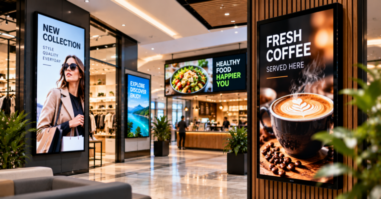 Multiple digital signage screens displaying retail and café promotions inside a modern shopping centre