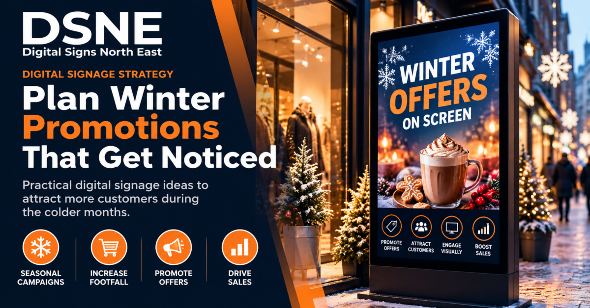Winter promotional digital signage outside a retail store showing seasonal offers and attracting customers